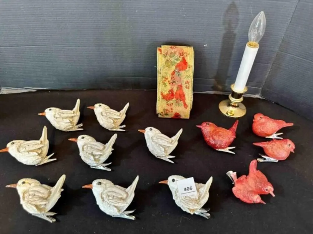 8 White Bird, 4 Red Resin Cardinal Clip-on Christm