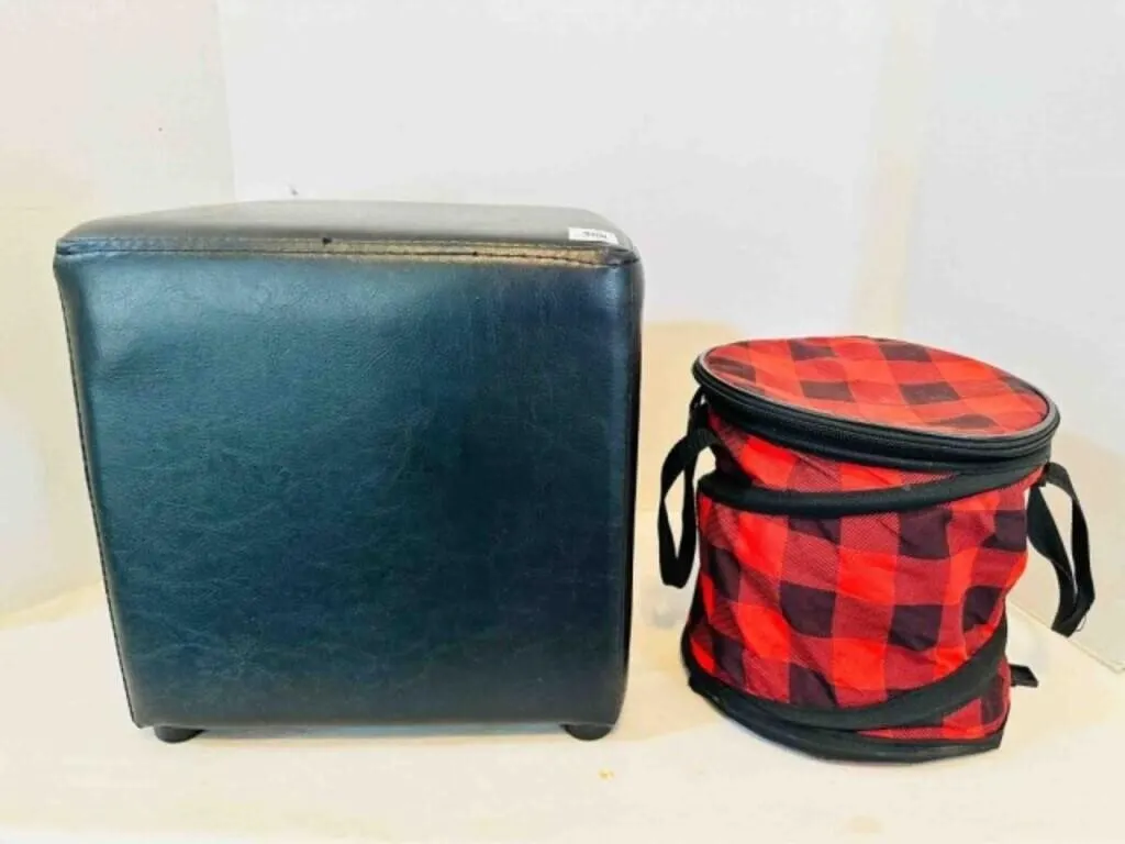 11" Square Cube Black Footstool, Buffalo Plaid Ins