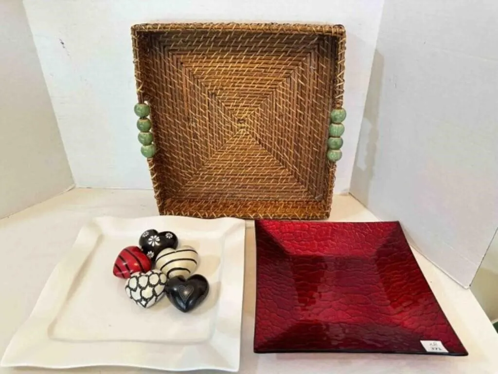 Decorative Basket Tray, 2 Decorative Square Plates