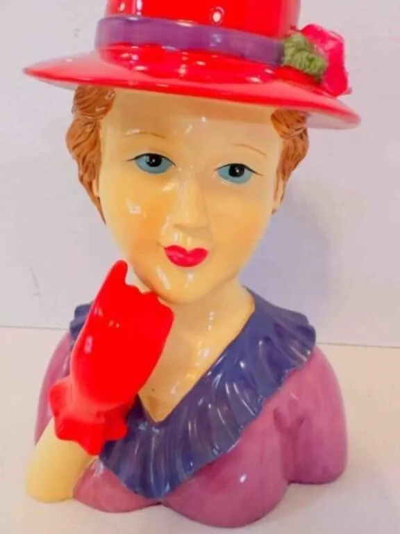 Red Hat Lady Head Vase Resin 7" tall