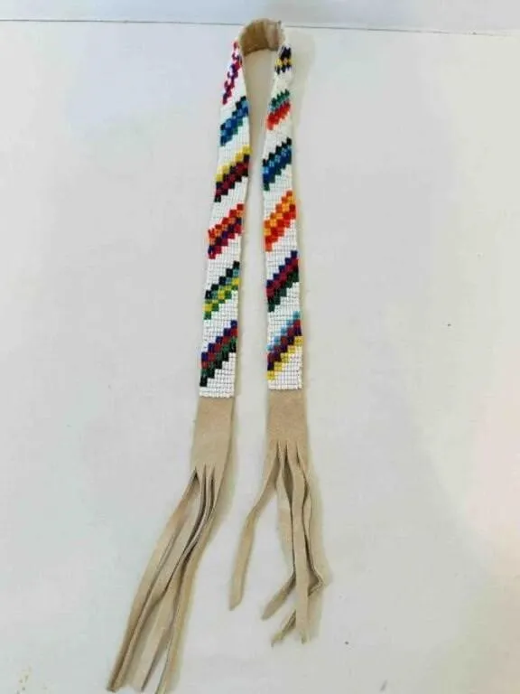 SW Native American Beaded & Leather Strip Necklace