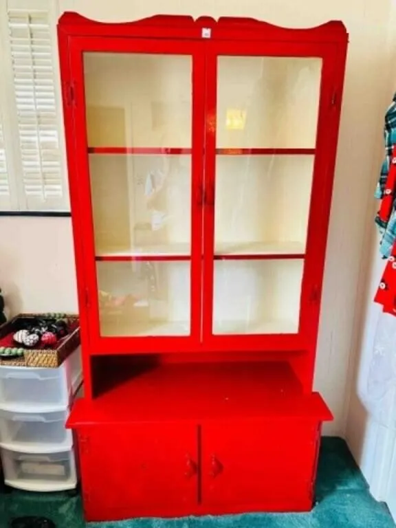 Painted Red Wood Glass Doors Display Cabinet w/