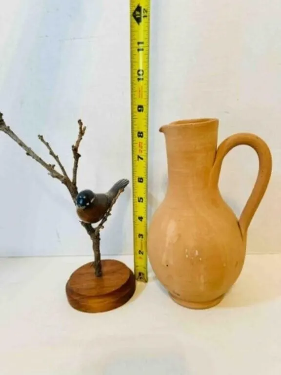 Clay Vase, Wood Carved Bird on Twig, Base is signe