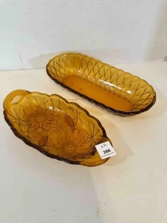 2 Amber Glass Relish Plates Dishes