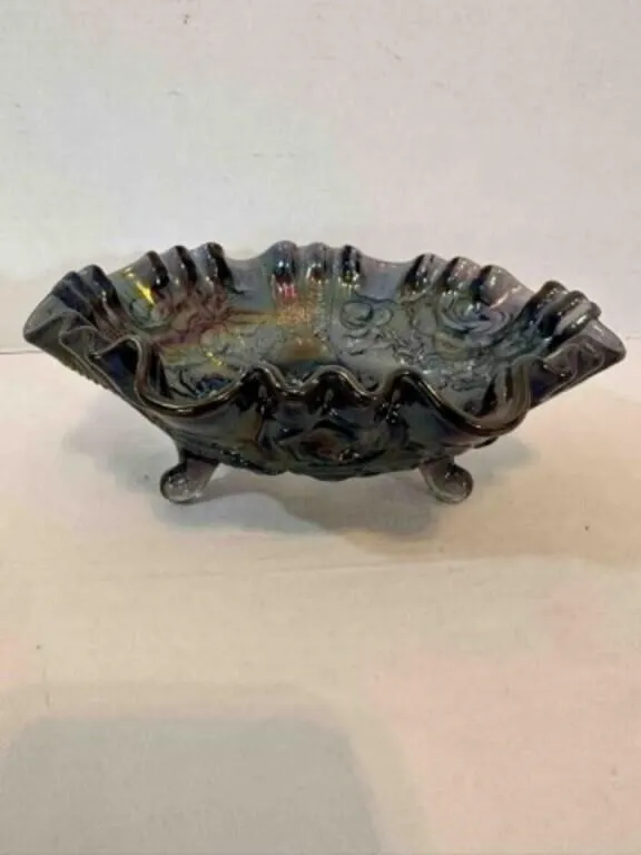 Amethyst Carnival Glass 3 toed bowl "Luster Rose"