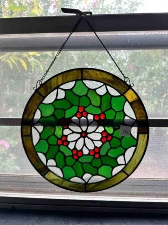 12" Round Christmas Stained Glass Holly Berries