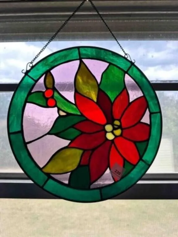 12" Round Christmas Stained Glass Poinsettia