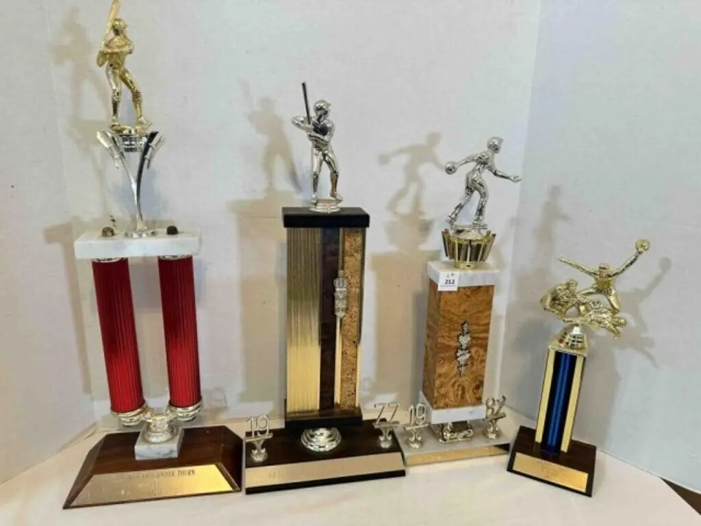 4 Baseball & Bowling Trophies '82 ,'65, '77