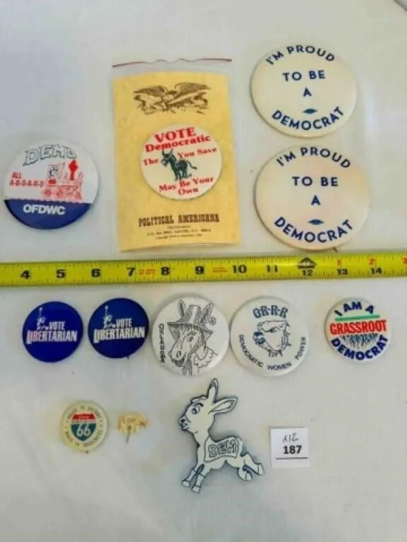 12 Political Party Buttons-Democrat, Libertarian