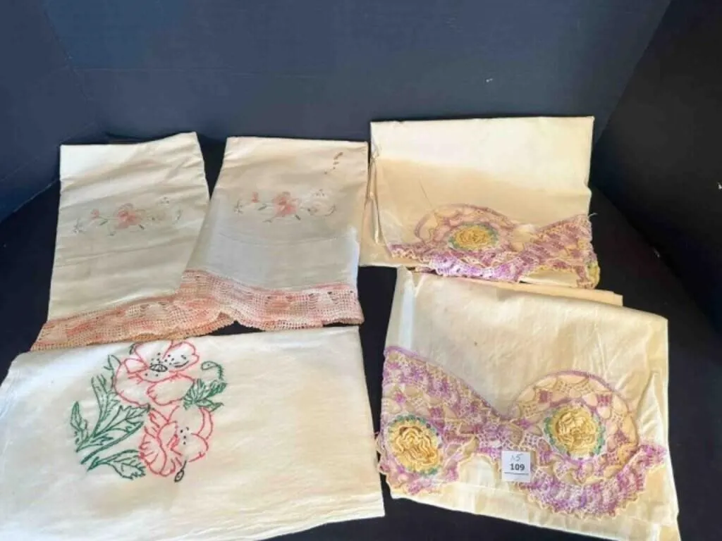4 Crochet Embroidered Vintage Pillow cases, 1 tea