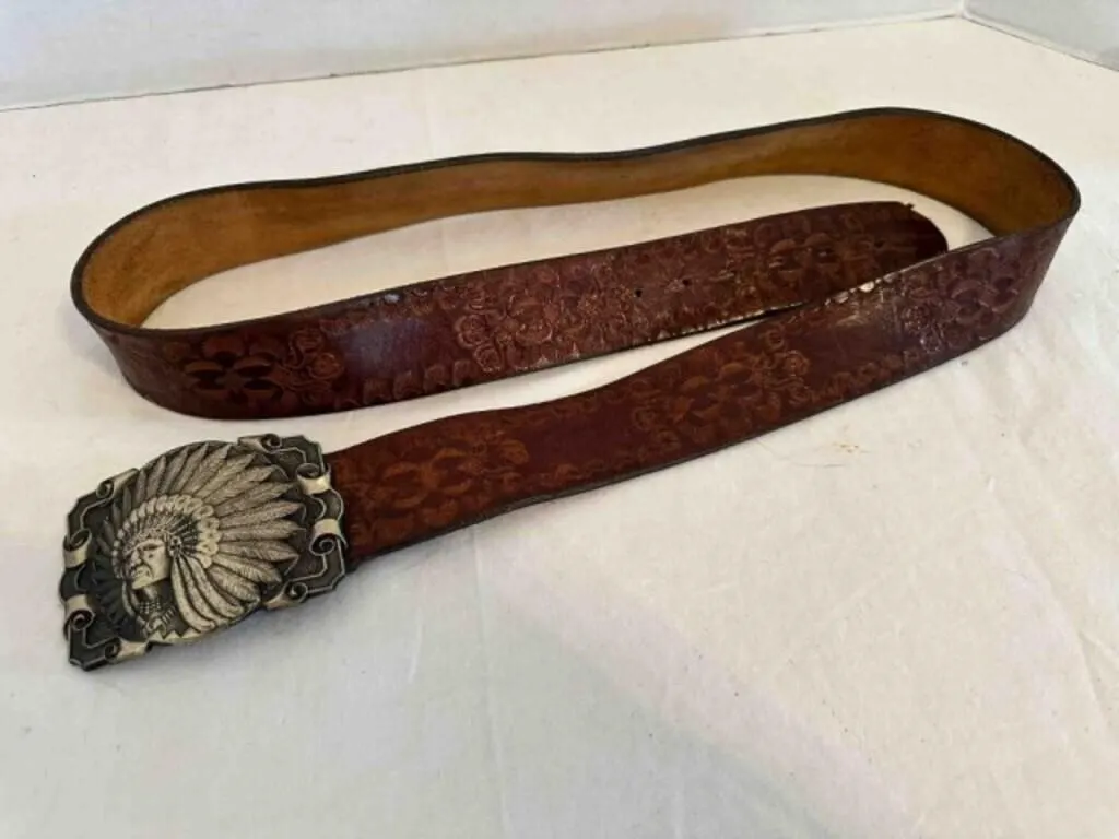 Indian Chief Belt Buckle leather embossed belt 47"