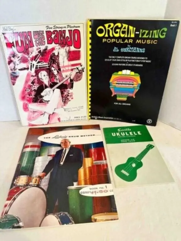 Music books for Ukulele, Organ, banjo and drums