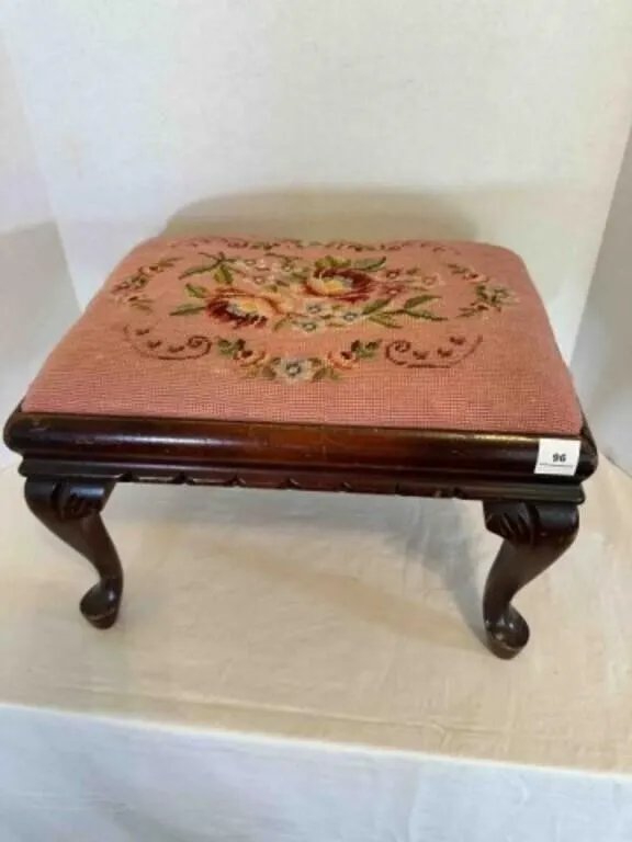 Needlepoint antique wood footstool
