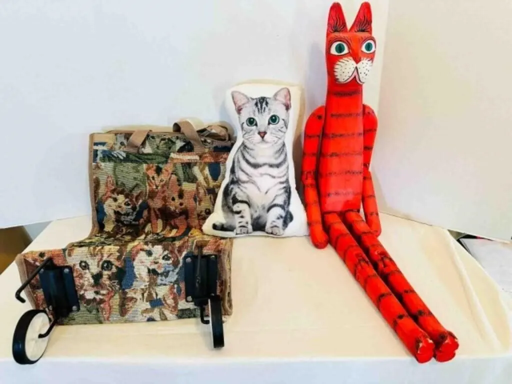 Wood Jointed Cat, Cat Pillow, Cat Tote on Wheels