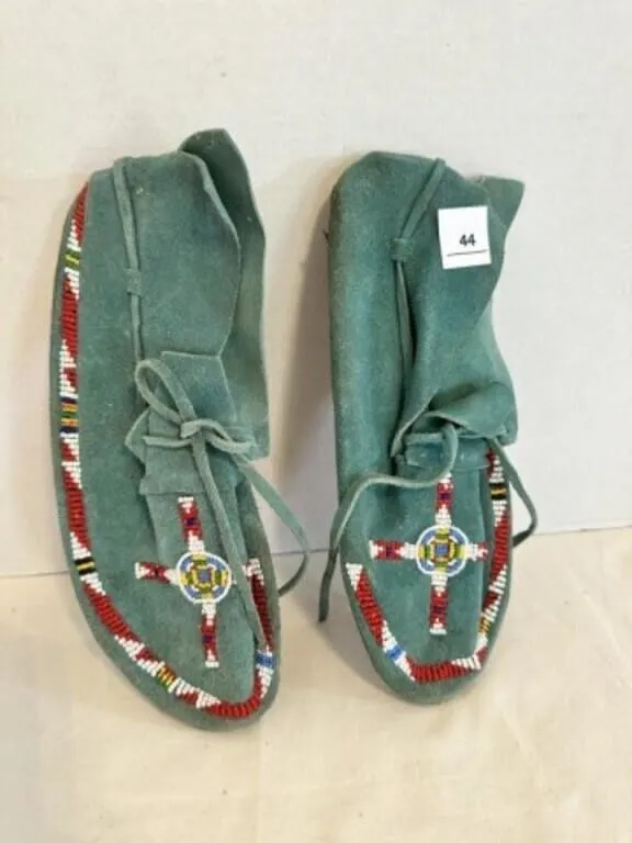 Native American Blue Suede Beaded Moccasins