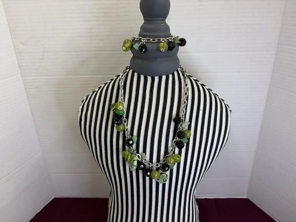Silver, Green and Black Necklace And Bracelet