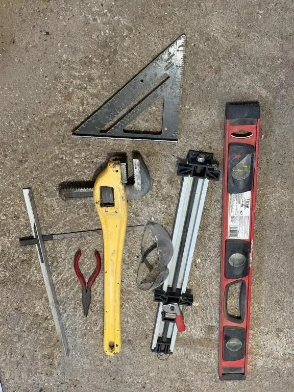 Pipe Wrench, Level, Safety Glasses, & more