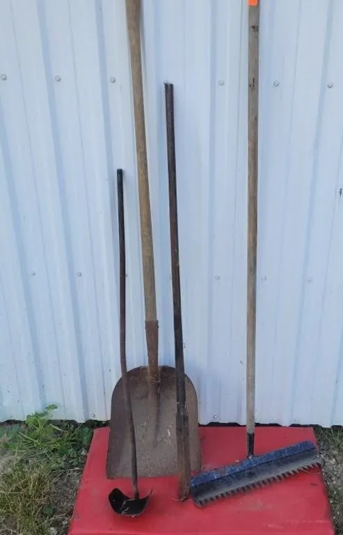 Post Hole Tamper, Grain Shovel, 18" Rake,
