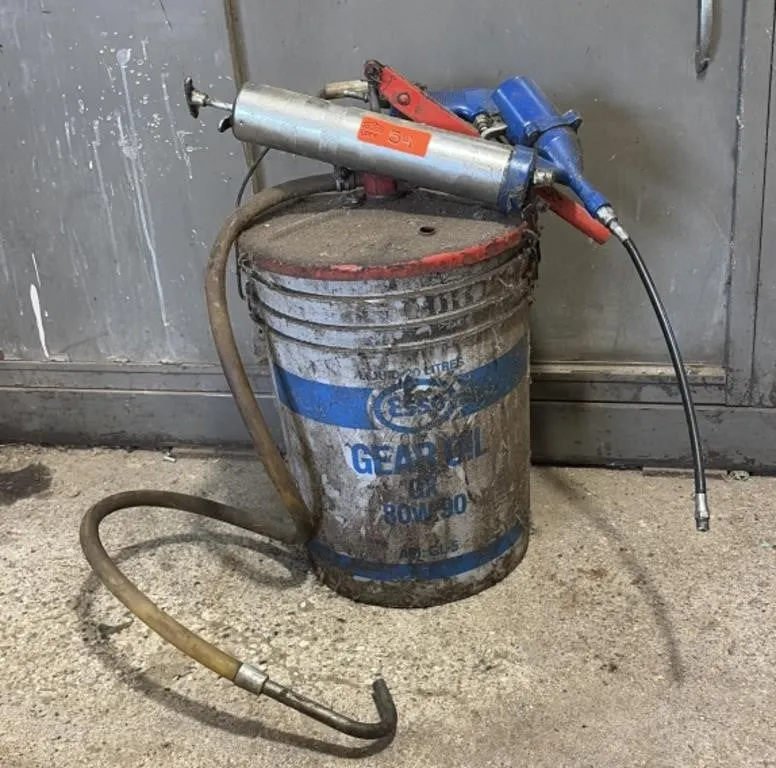 Partial Bucket of Gear Oil with Grease Gun