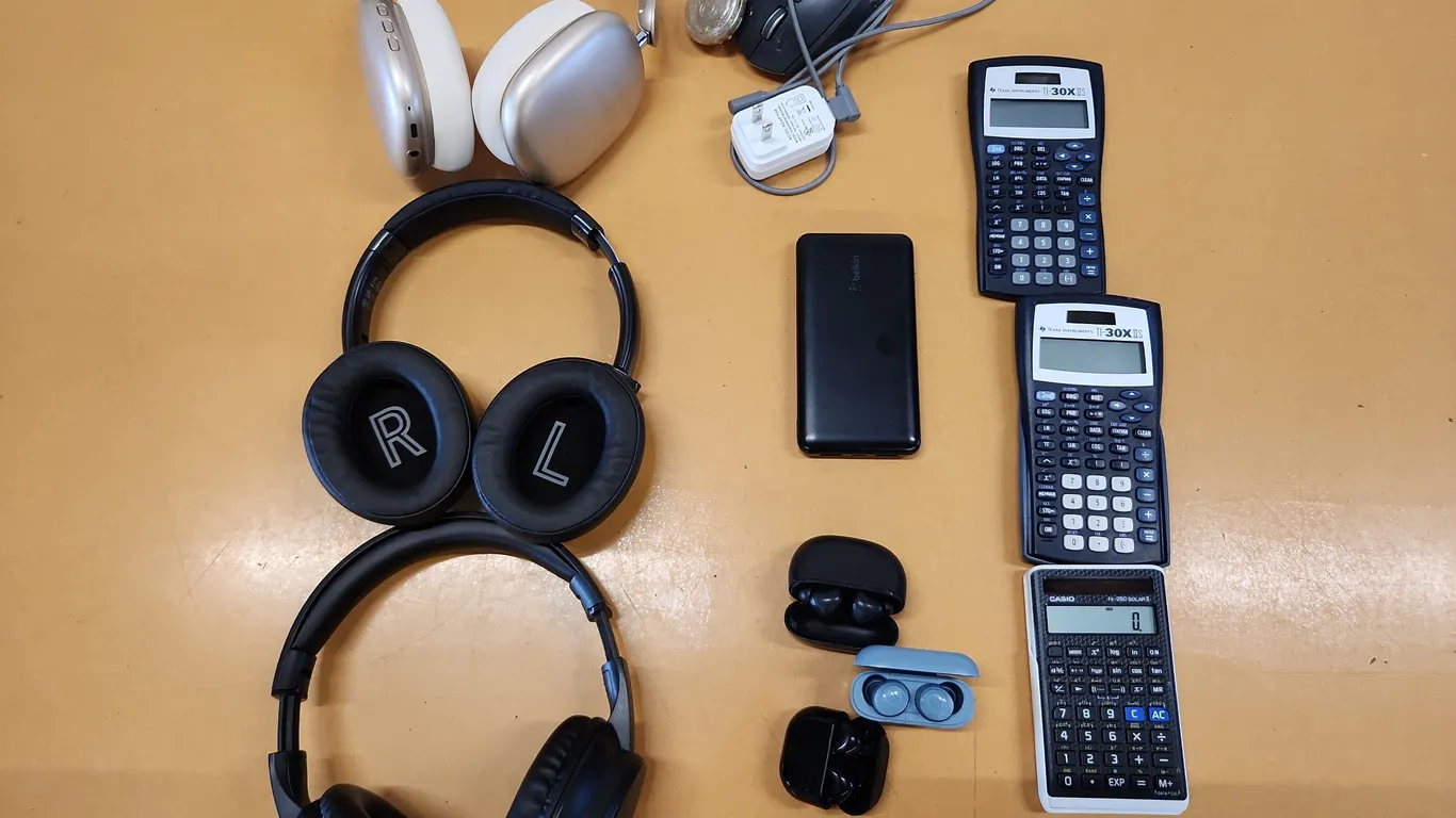 Headphones, ear buds, calculators