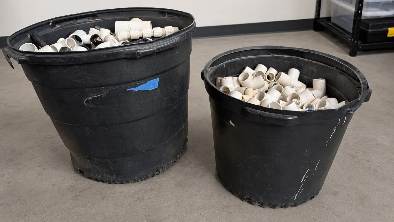 Two Large Bins of PVC and Pipe Fittings