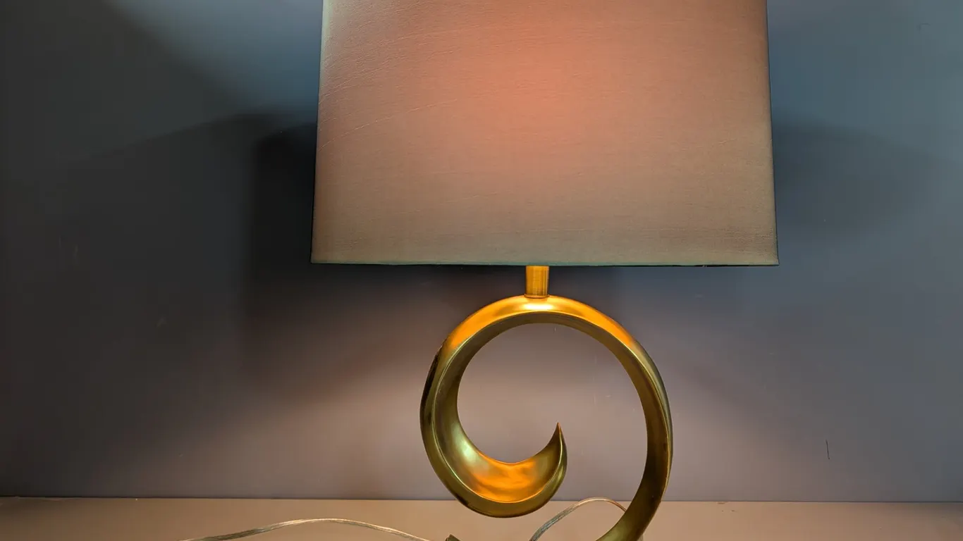 Sculptural Brass Modern Table Lamp with Fabric Shade