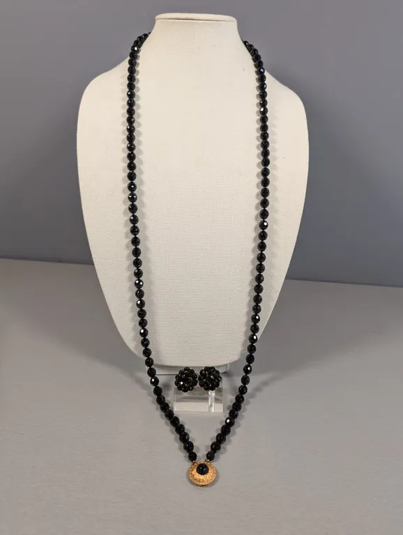 Vintage Black Beaded Necklace and Clip-On Earring Set