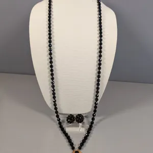 Vintage Black Beaded Necklace and Clip-On Earring Set