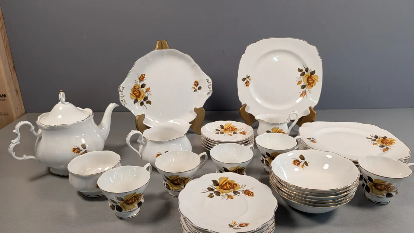 English Bone China Dinnerware Set with Yellow Rose Pattern