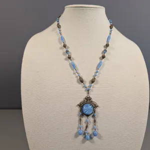 Vintage Blue Art Glass Bead Necklace with Ornate Pendant