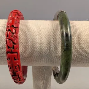 Vintage Carved Cinnabar and Jade Like Bangles