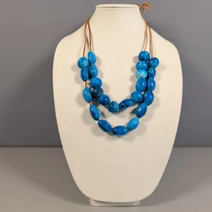 Blue Ceramic Beaded Leather Cord Necklace