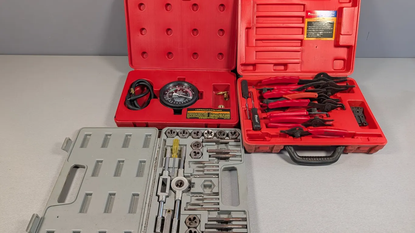 U.S. General Pump & Vacuum Gauge, Pittsburgh Snap Ring Pliers, and Tap & Die Set