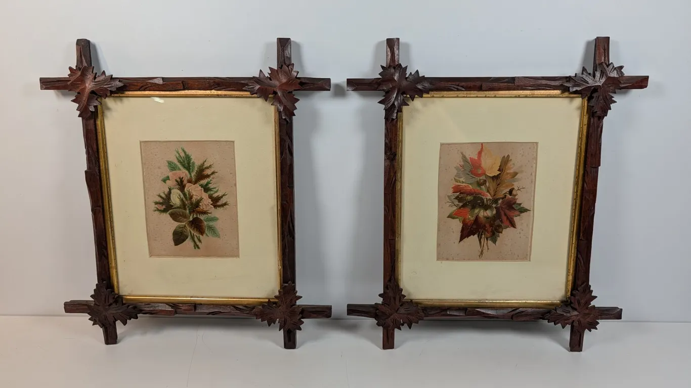 Pair of Carved Wood Framed Botanical Art Prints