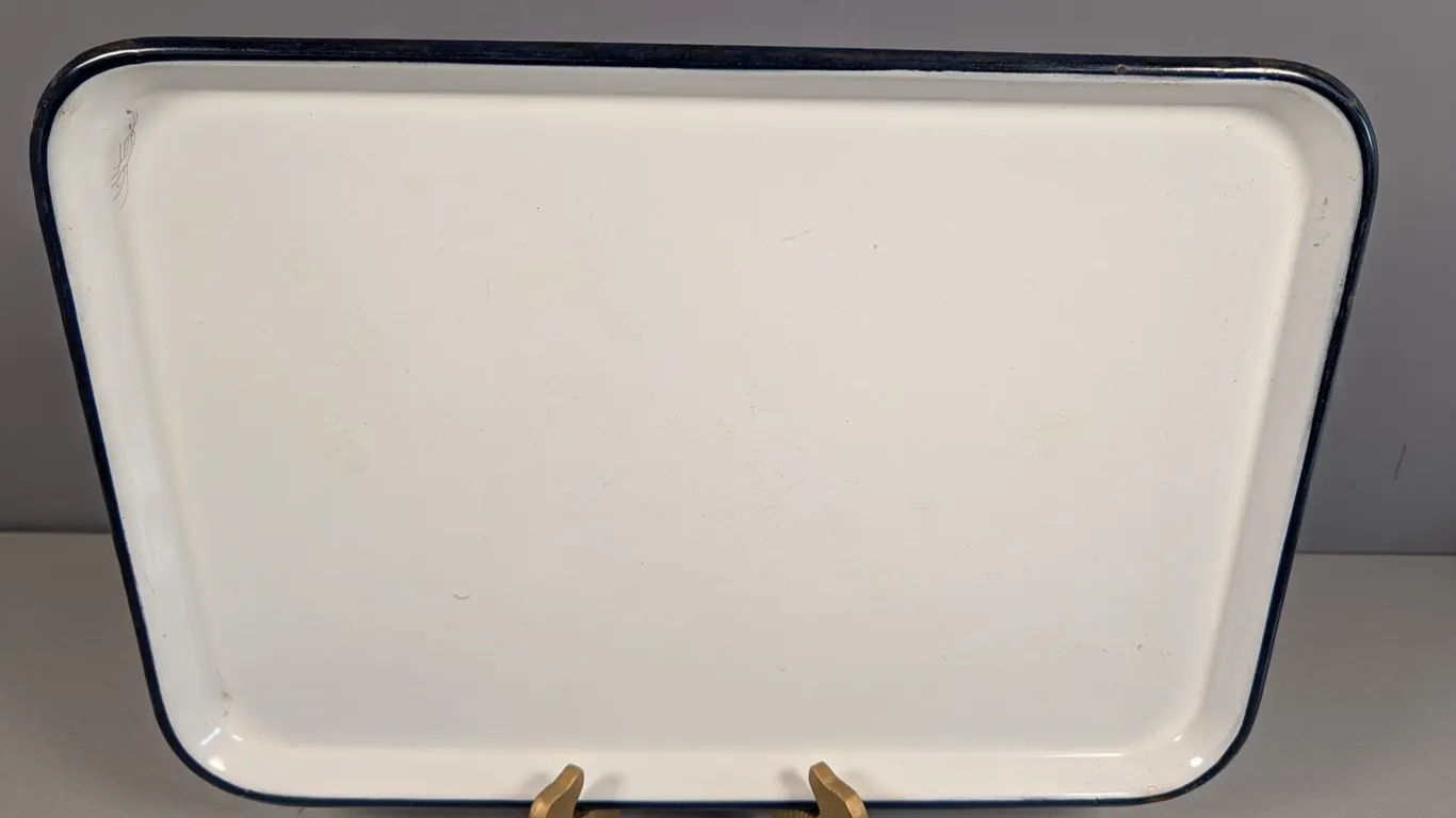 Vintage White Enameled Rectangular Tray with Blue Rim