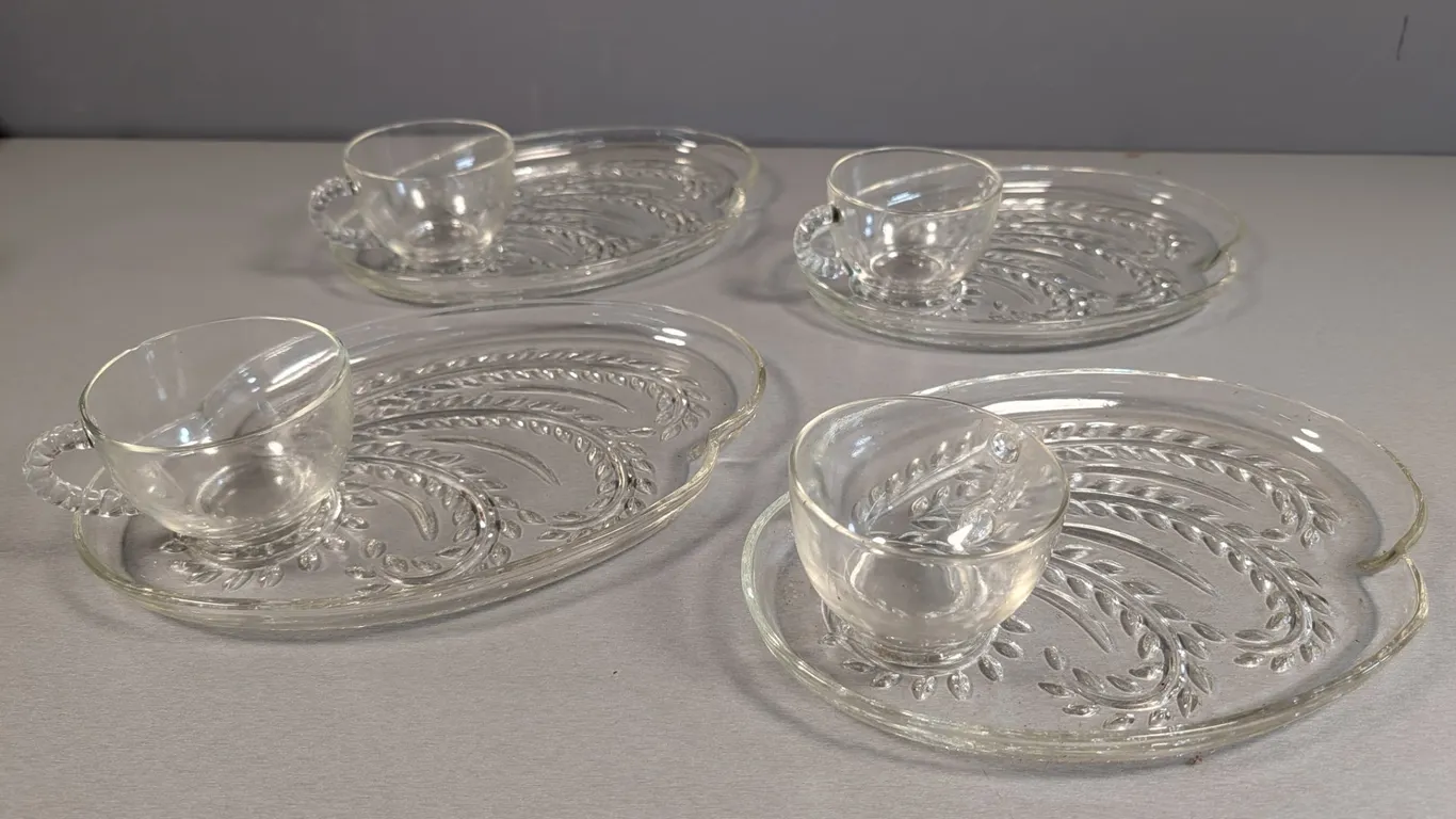 Vintage Clear Glass Snack Sets with Wheat Pattern, Set of 4