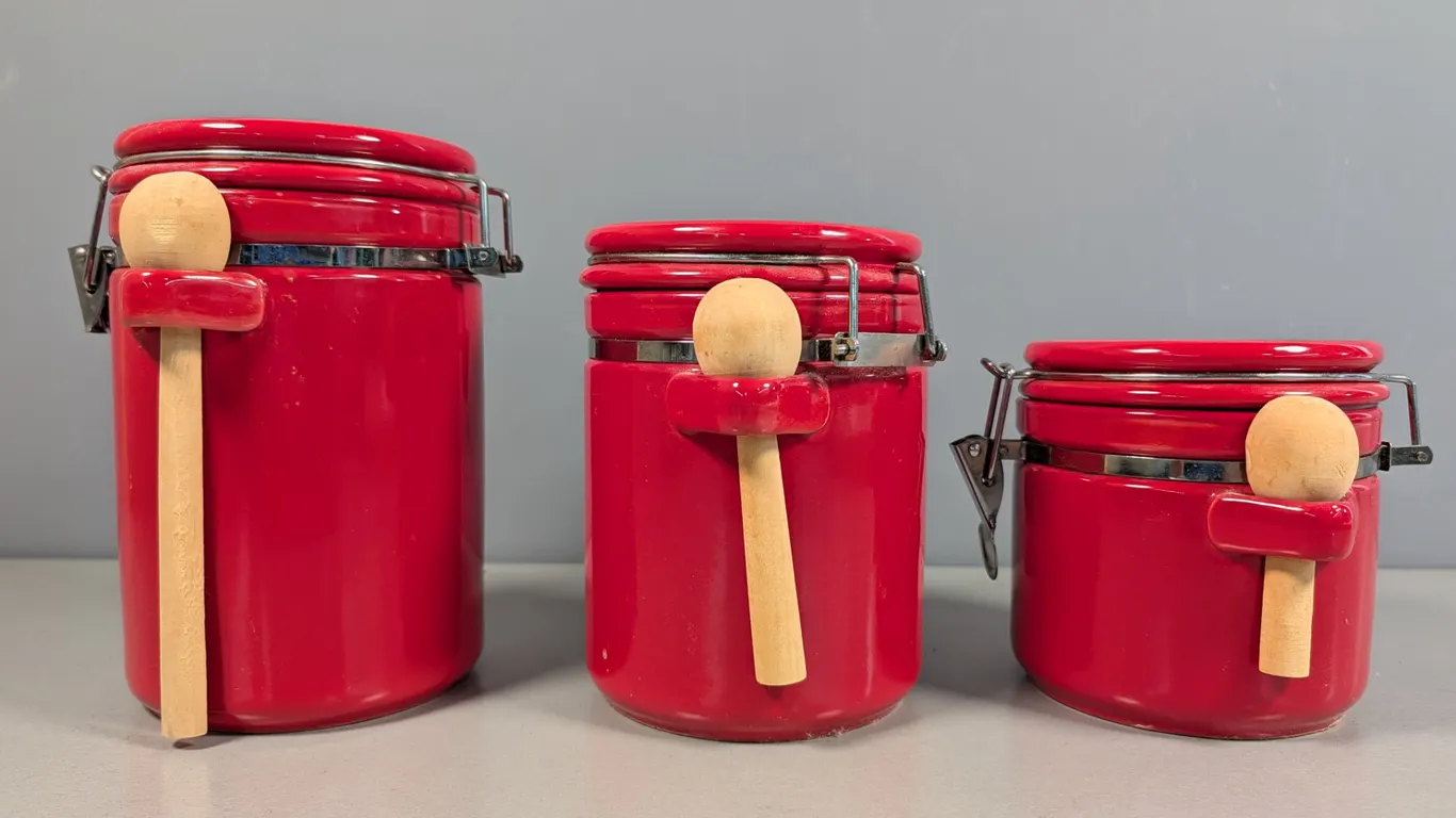 Set of 3 Red Ceramic Canisters with Wooden Scoops