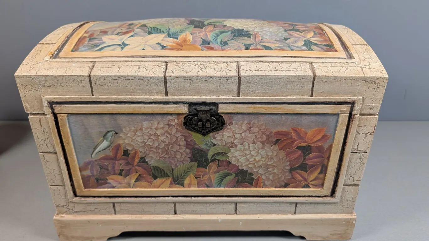 Distressed Wood Keepsake Box with Floral and Bird Motif