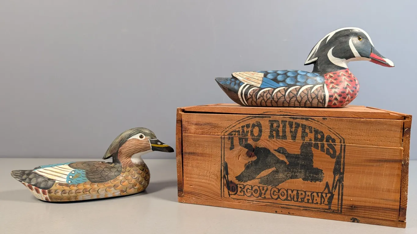 Two Rivers Decoy Company Box with Pair of Hand-Carved Wood Ducks