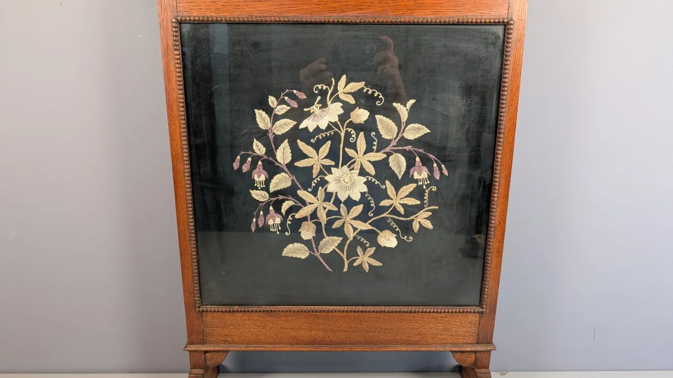 Vintage Embroidered Fireplace Screen in Wooden Frame