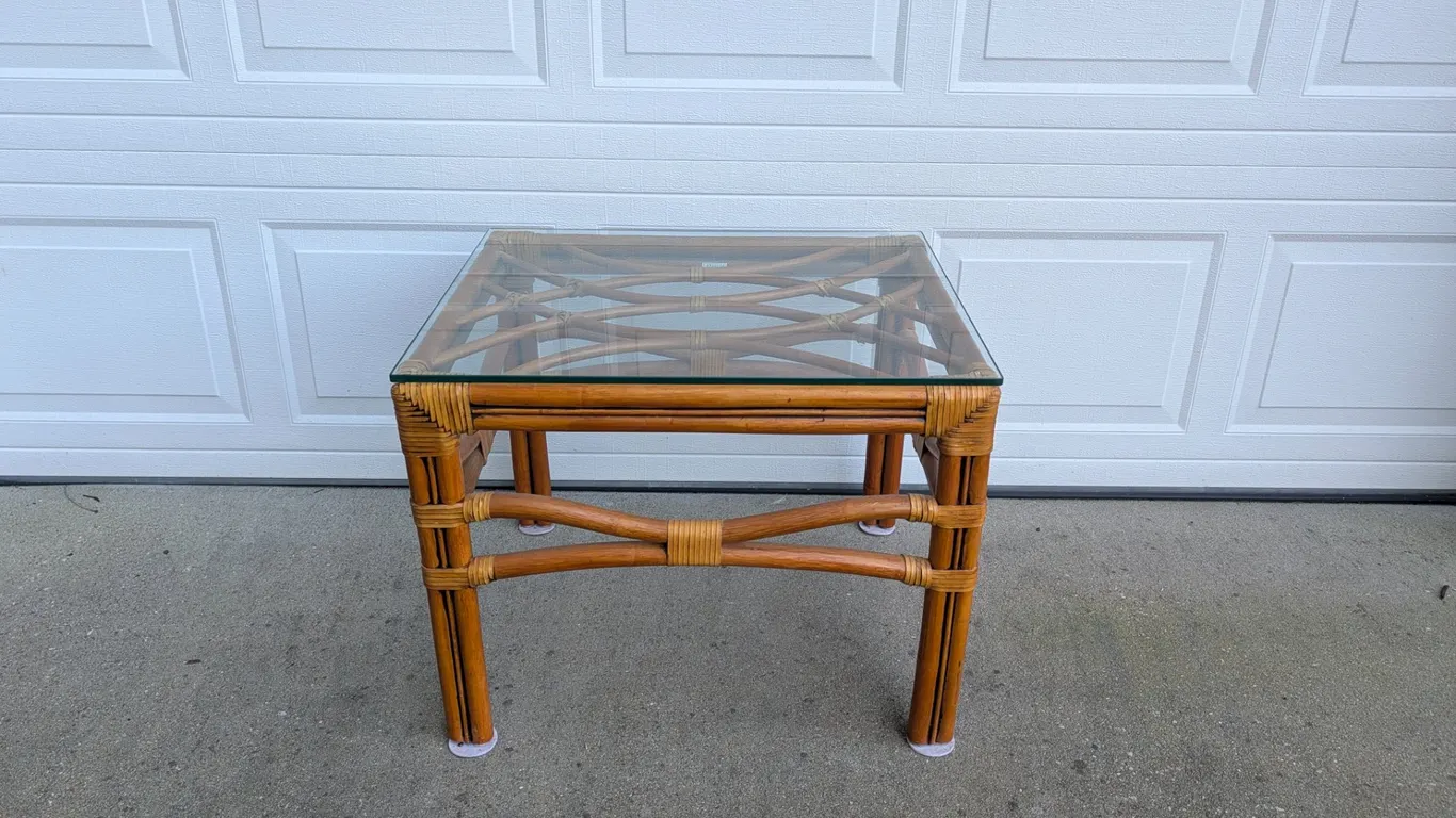 Rattan and Bamboo Side Table with Glass Top
