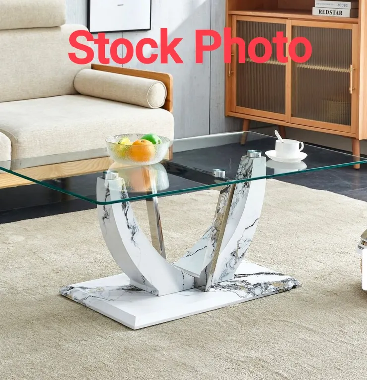 Modern Tempered Glass Coffee Table with Marble Patterned Base