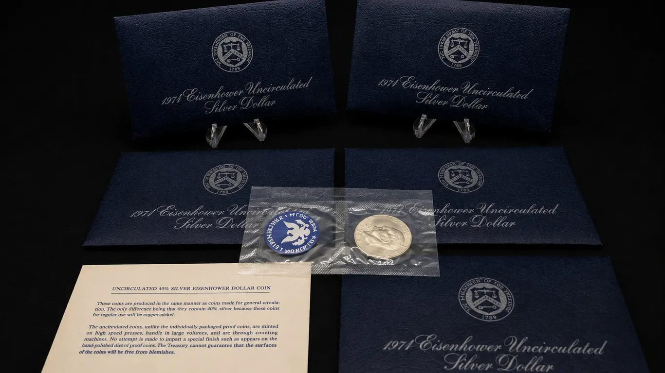 Five 1974 Eisenhower Uncirculated 40% Silver Dollars with Certificates