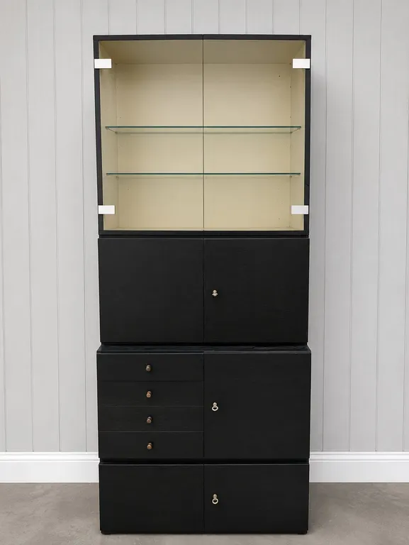 Modern Black Display Cabinet with Glass Doors and Drawers