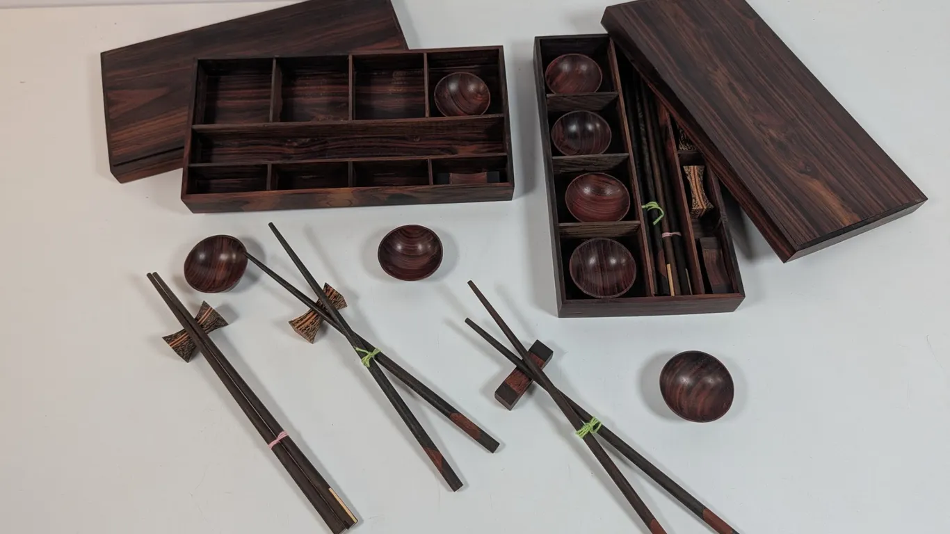 Exotic Hardwood Chopstick & Bowl Sets in Storage Boxes