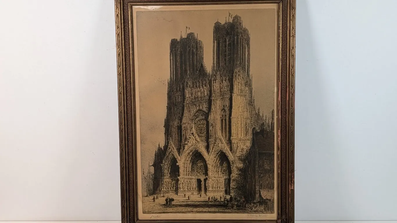 Framed J. Alphege Brewer Etching of Reims Cathedral