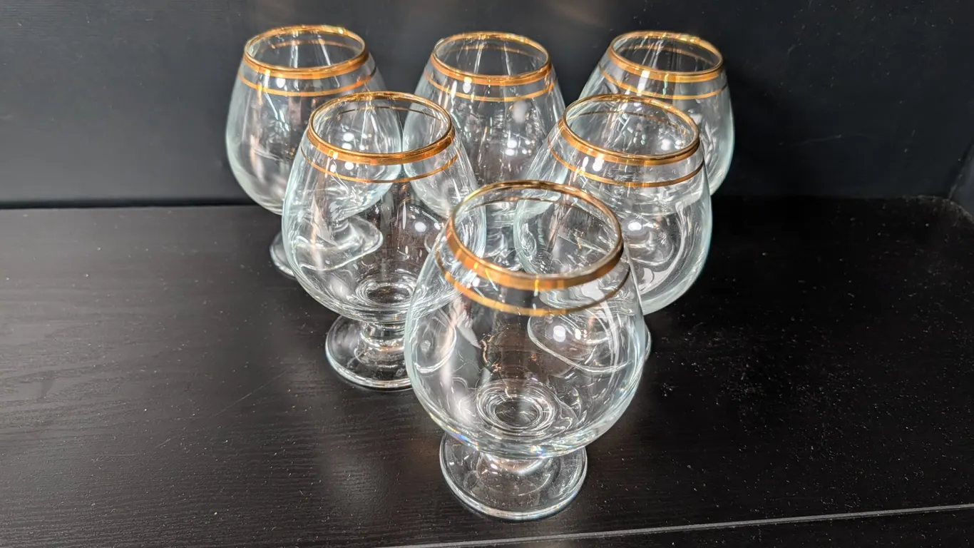 Set of 6 Gold Rimmed Clear Glass Snifter Glasses