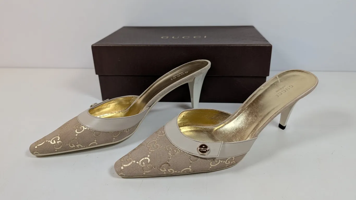 Gucci GG Monogram Canvas & Leather Mules with Original Box
