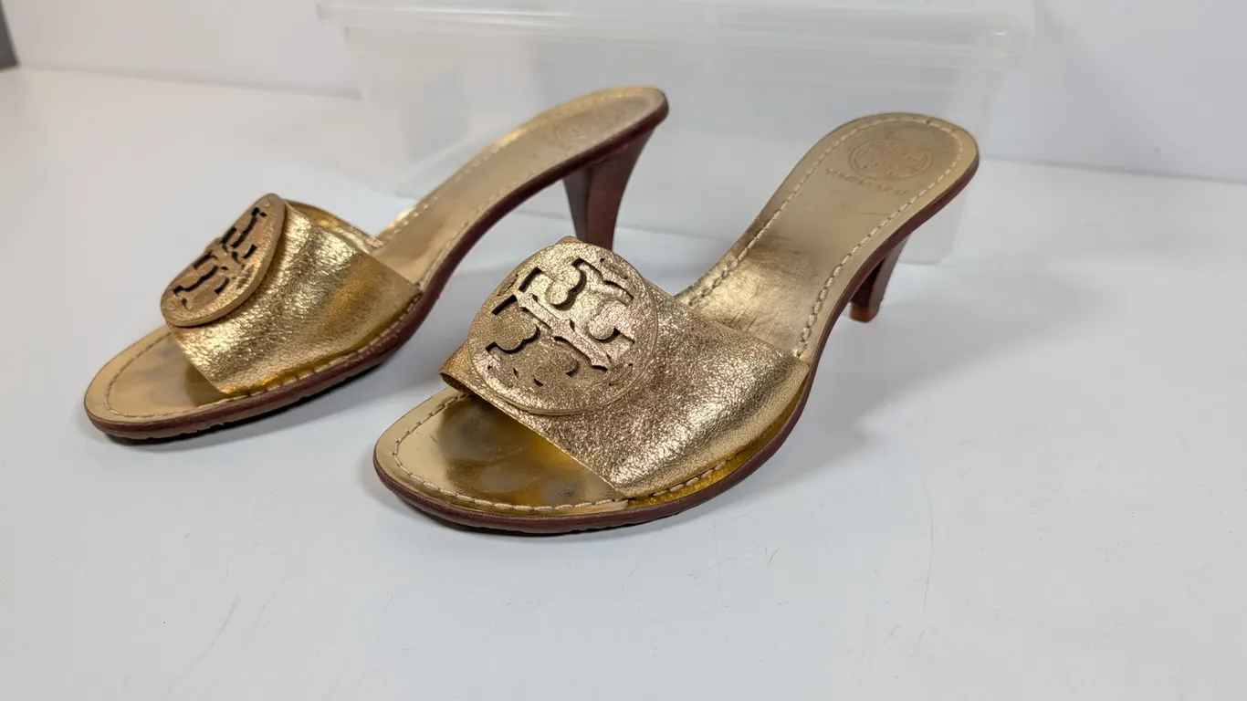 Tory Burch Gold Metallic Leather Heeled Mules