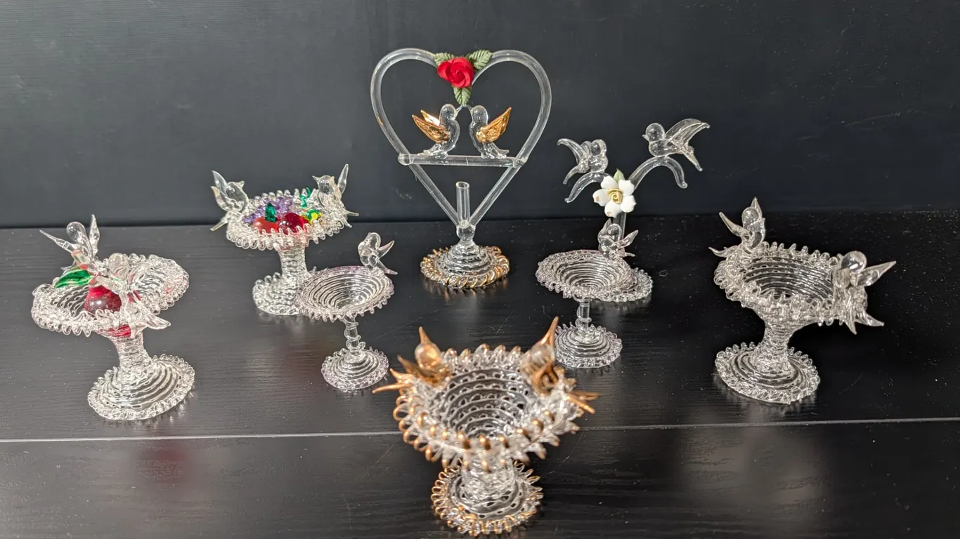Collection of Miniature Glass Bird Baths and Sculptures